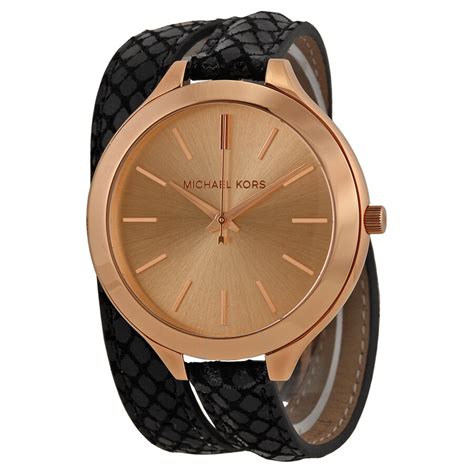 Michael Kors Slim Runway Rose Dial Black Embossed Leather